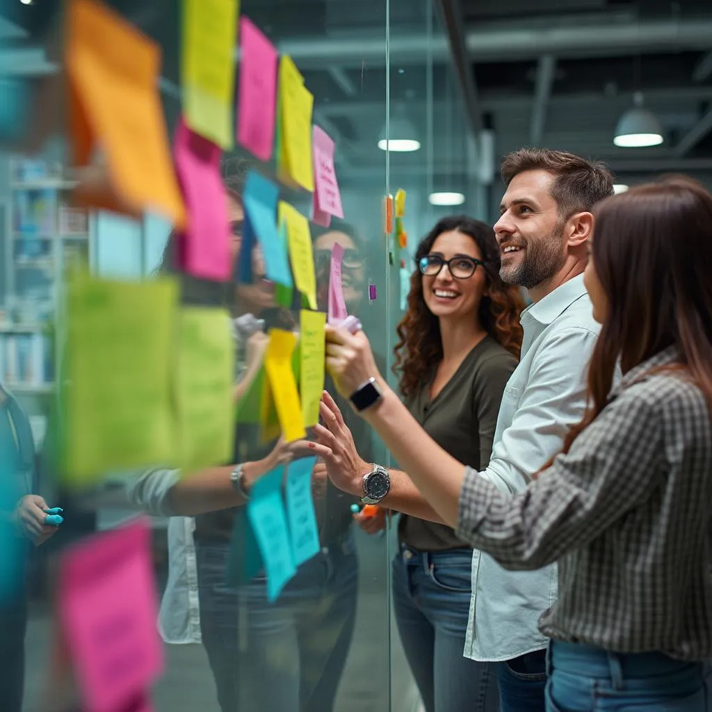Equipo de marketing en sesión de brainstorming