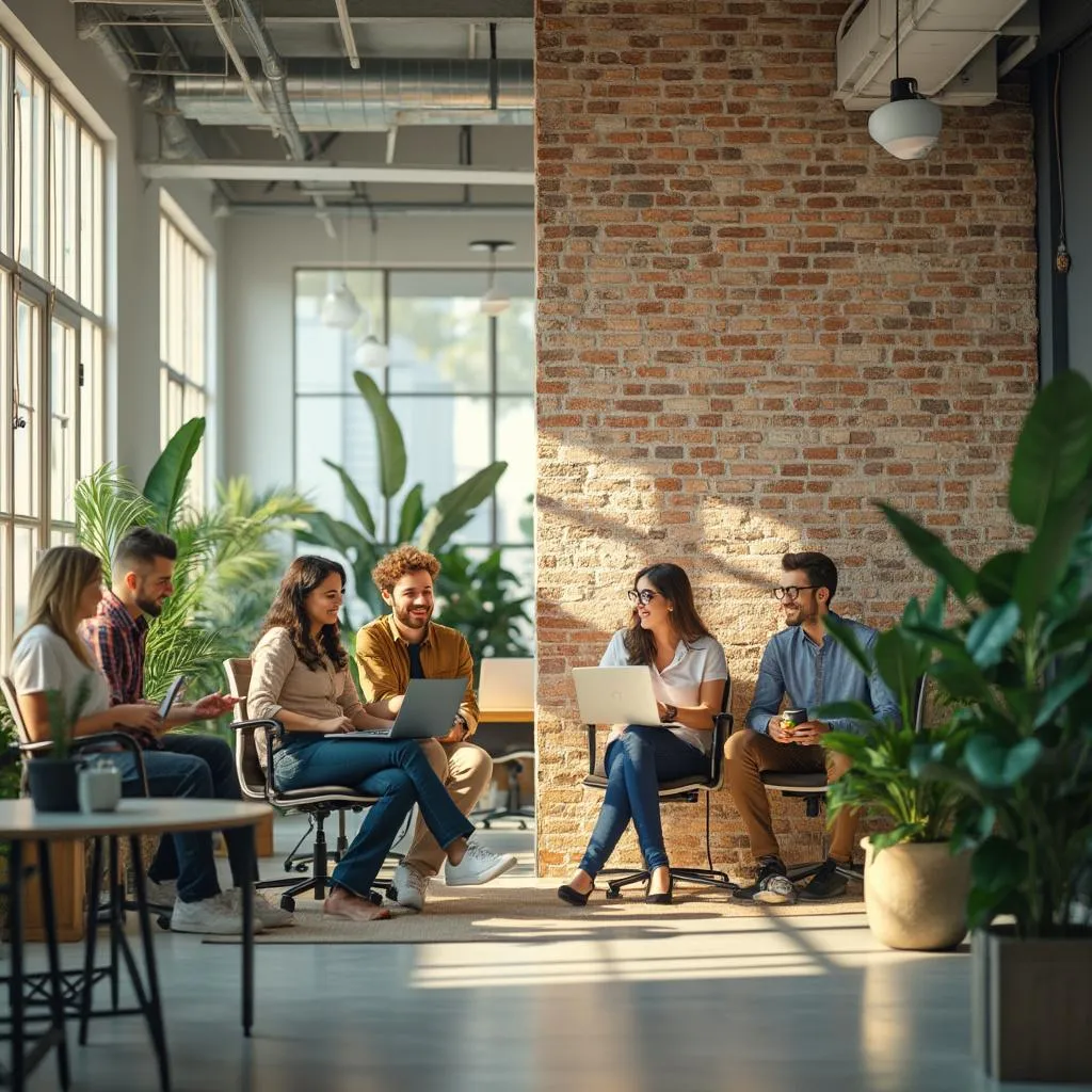 Equipo de marketing en un ambiente de trabajo colaborativo y moderno